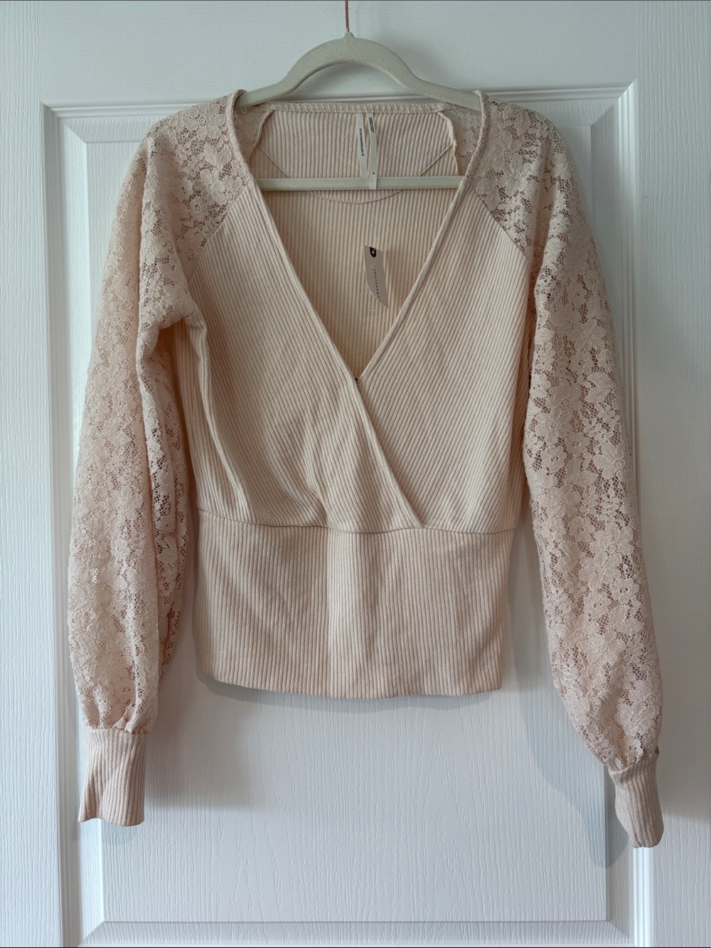 Anthropologie Blush Lace-Sleeve Surplice Knit Top